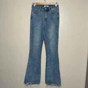 Paige Laurel Canyon High Rise Flare Jeans Marienne Blue Raw Hem Size 26